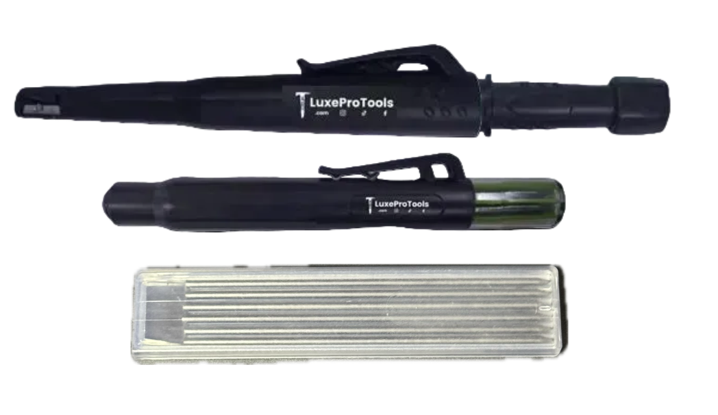 Two options Carpenters pencil + 6 lead holder + 12 total Spare leads